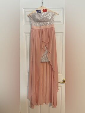 Aidan by Aidan Mattox Blush Pink and Silver High-Low Sequin Strapless Dress